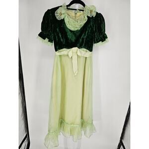 Vintage 1940s Womens Sz S Fairy Core Maxi Dress Green Velvet Floral